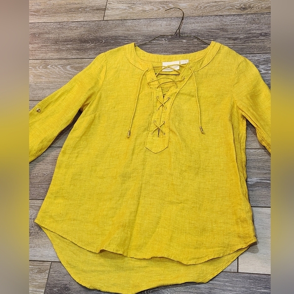 Maeve Anthropologie Blouse Womens 2 Marva Lace-Up Linen Gold Yellow Roll Tabs - Picture 3 of 7